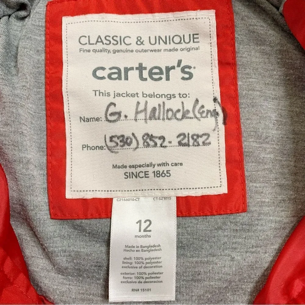 Carter’s Baby Boy Size 12 Months Fireman Hooded Windbreaker Rain Jacket